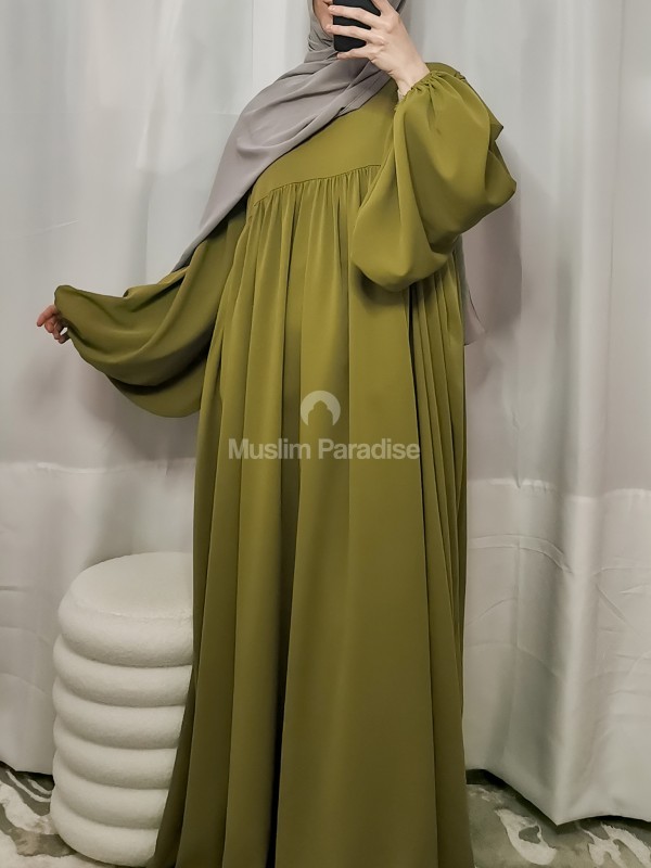 Abaya manche ballon vert olive