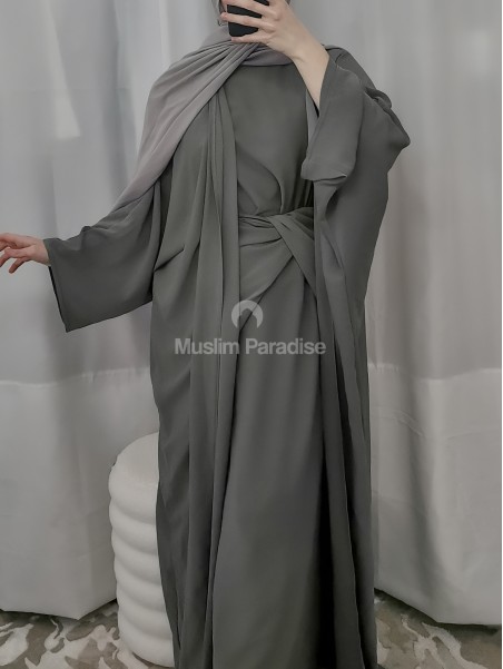 Ensemble abaya kimono pas cher gris