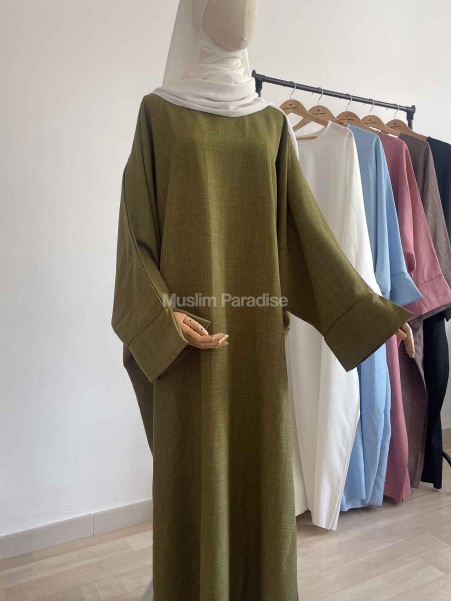 Abaya basique lin vert olive