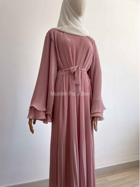 Robe longue plissée à volants rose