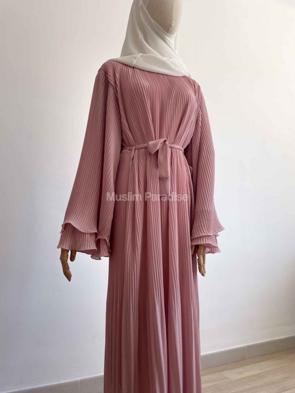 Robe longue plissée à volants rose