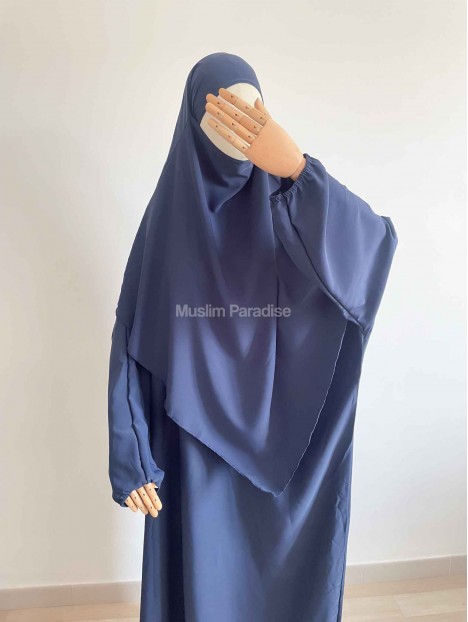 Ensemble abaya khimar soie de medine bleu marine