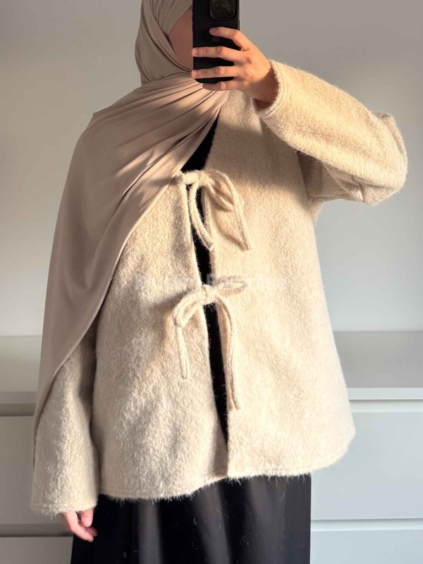 Manteau oversize à nœud effet laine brossée pour femme hijabi