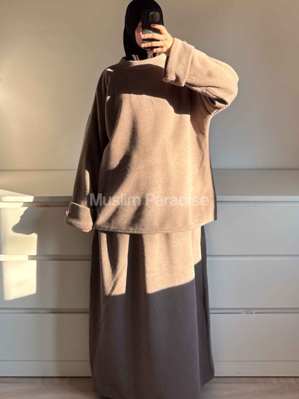 ensemble laine côtelé taupe