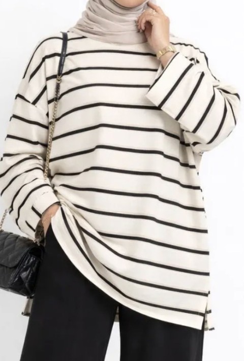 T-shirt coton à rayures beige