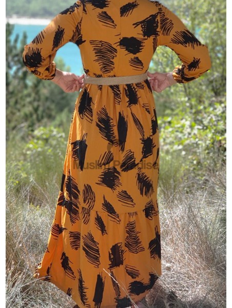Vestido largo Lamya Mostaza - Pincel de patrones - Muslim Paradise